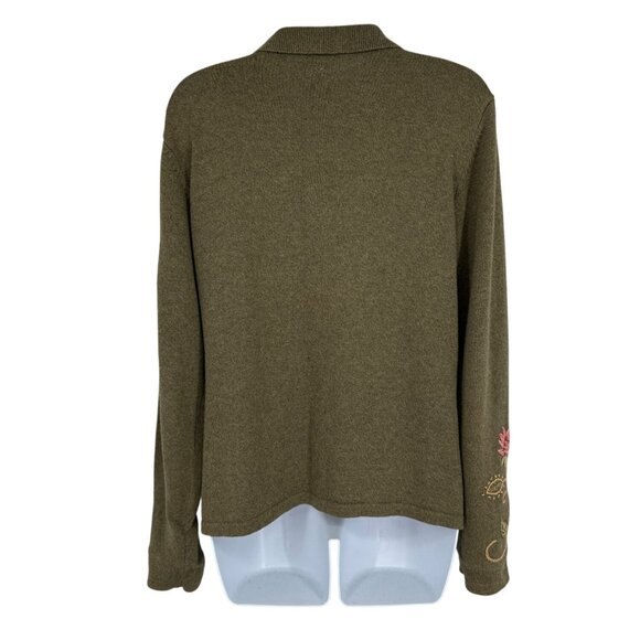 Talbots Floral Embroidered Button-Up Olive Green Long Sleeve Cardigan SizeM - Picture 7 of 11